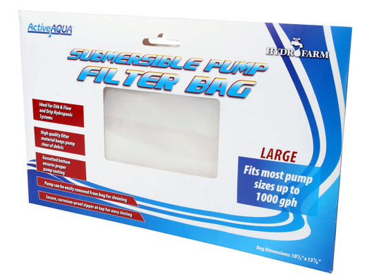 Active Aqua submersible pump filter bag, 10.5" x 13.125", designed to prevent pump clogging in hydroponic systems.