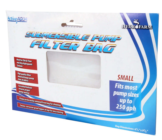 Active Aqua small submersible pump filter bag packaging, designed for hydroponic systems, protects and extends pump life.