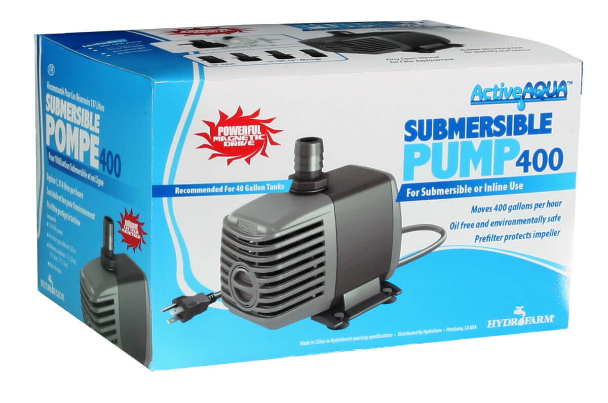 Active Aqua Submersible Water Pump 400 GPH packaging, designed for hydroponic systems and efficient water movement.