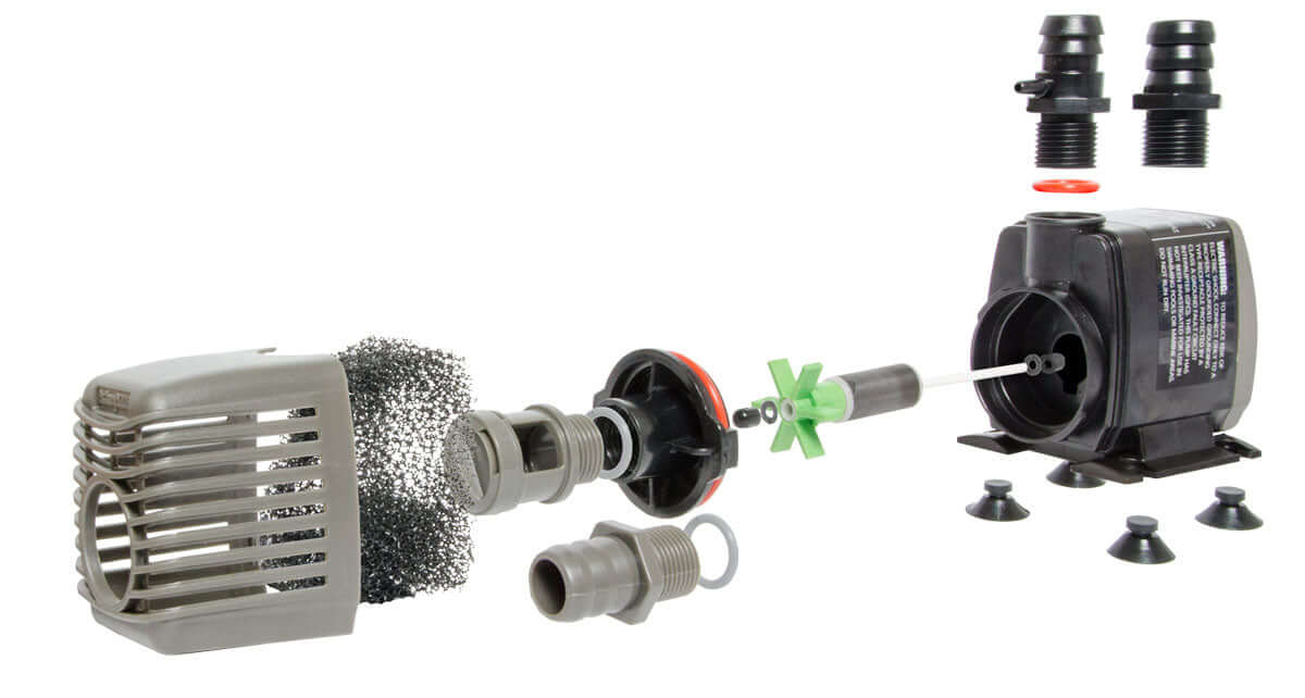 Active Aqua Submersible Water Pump parts with foam filter, hose fittings, and powerful mag drive for hydroponic systems.