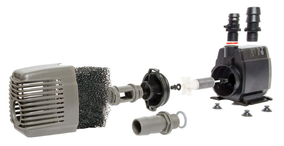 Active Aqua 550 GPH submersible water pump parts, including filters and connectors, for hydroponic systems.