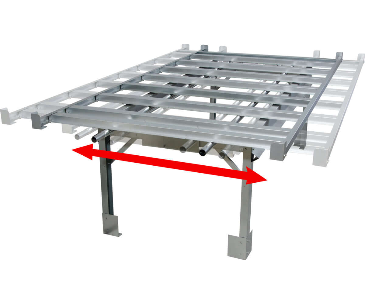 Active Aqua 4' x 8' rolling bench system with adjustable design for optimized space usage in greenhouses.