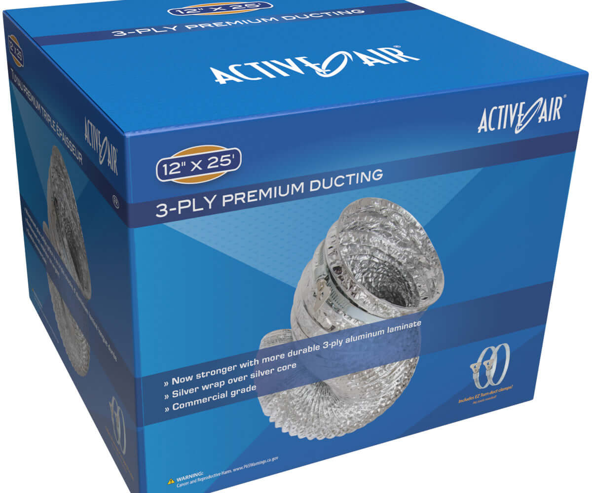 Active Air Premium 12" x 25' 3-ply aluminum foil ducting packaging for heating and ventilation applications.