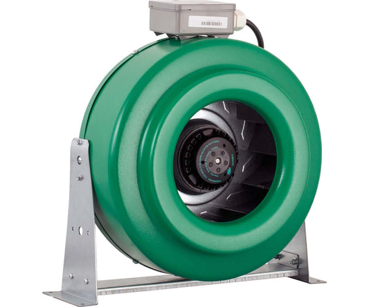 Active Air 10" inline duct fan with green ceramic-coated metal housing and UL-recognized components for durability.