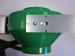 Active Air 10" inline duct fan in green with mounting bracket, showcasing durable ceramic-coated metal housing.