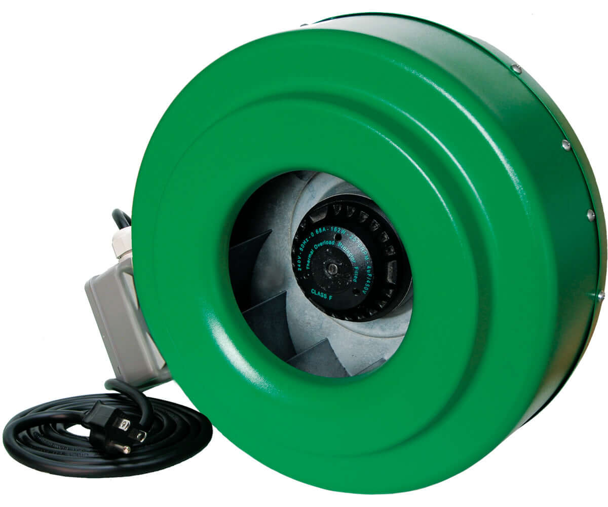 Active Air 10" inline duct fan with durable metal housing and attached power cord, designed for high performance and reliability.