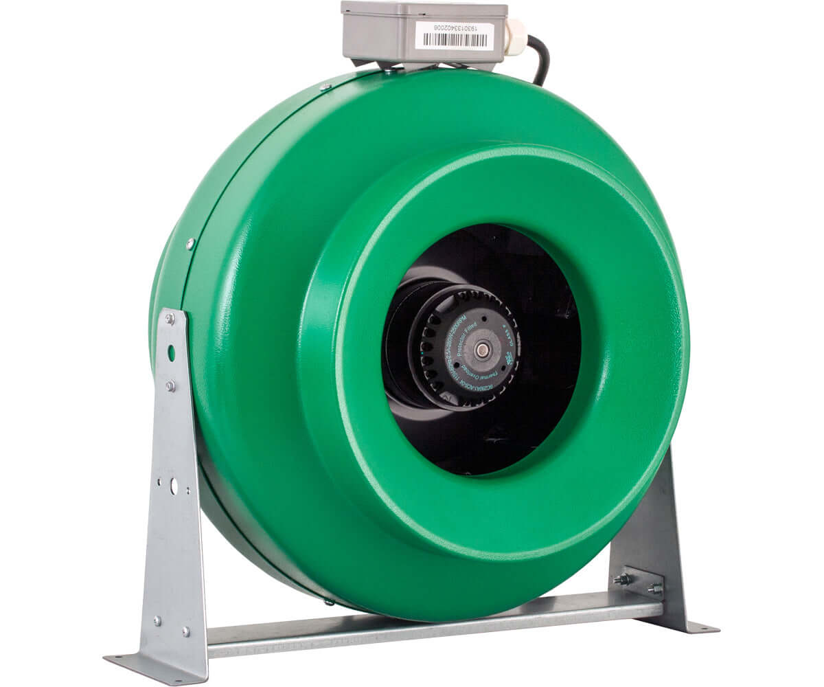 Active Air 12" inline duct fan with durable green housing and metal support, designed for high performance and longevity.