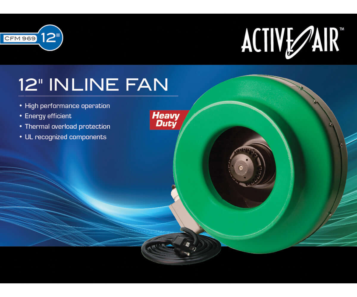 Active Air 12" Inline Duct Fan, 969 CFM, featuring heavy duty design, thermal overload protection, and UL recognized components.