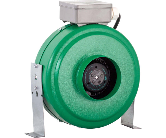 Active Air 4" inline duct fan with durable green housing and UL-recognized components, designed for efficient air circulation.