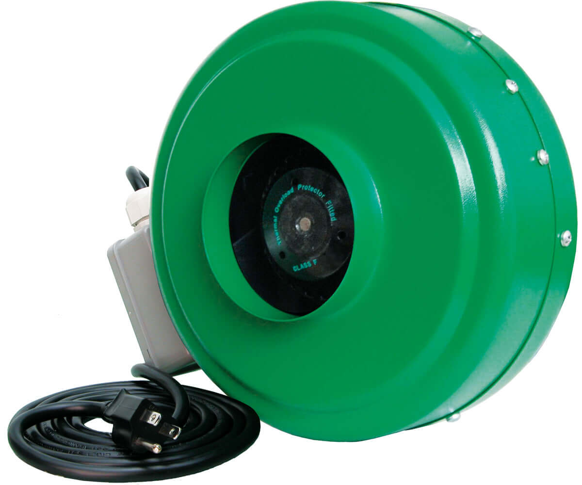 Active Air 4" inline duct fan in green, featuring durable housing and power cord for efficient ventilation.