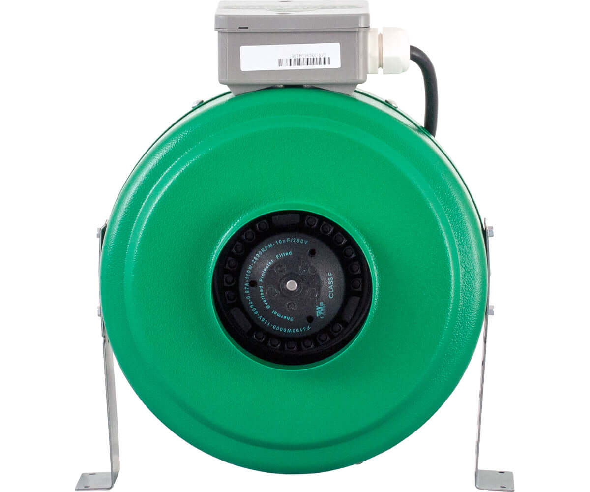 Active Air 4" inline duct fan with durable green metal housing and adjustable speed dial for ventilation.