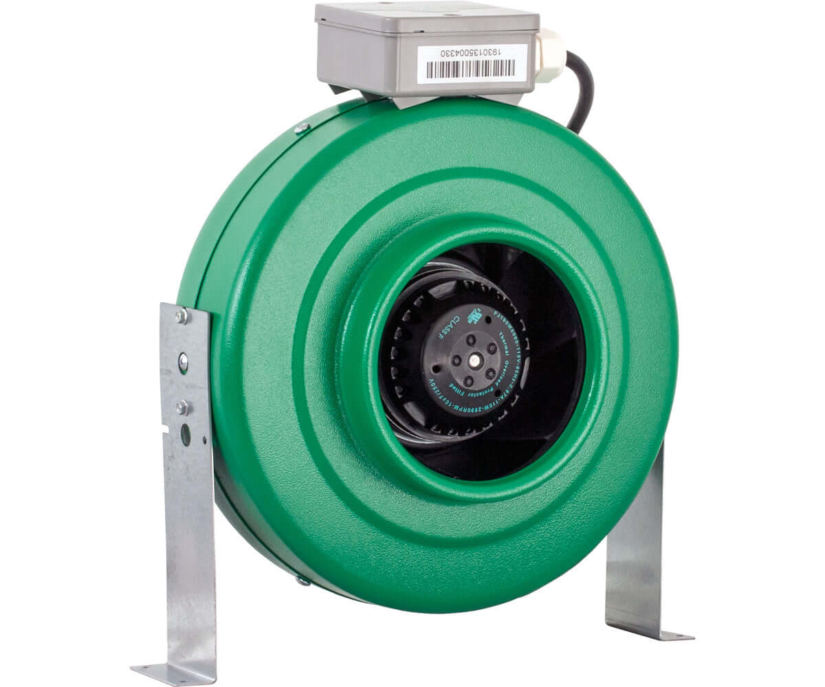 Active Air 6" inline duct fan with durable green metal housing and high-performance design for effective ventilation.