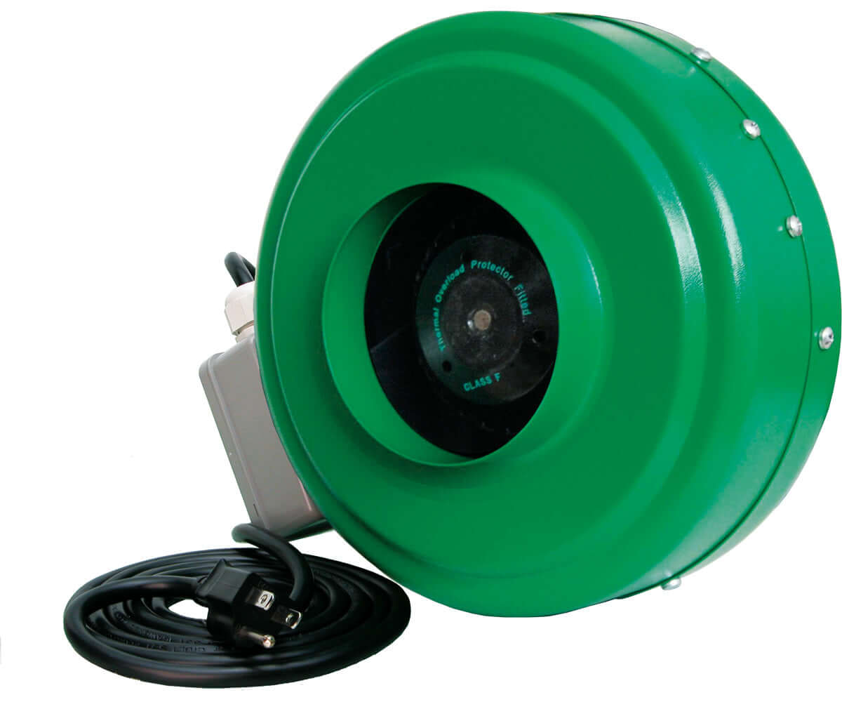 Active Air 6" inline duct fan with durable green metal housing and power cord, designed for efficient ventilation and airflow.