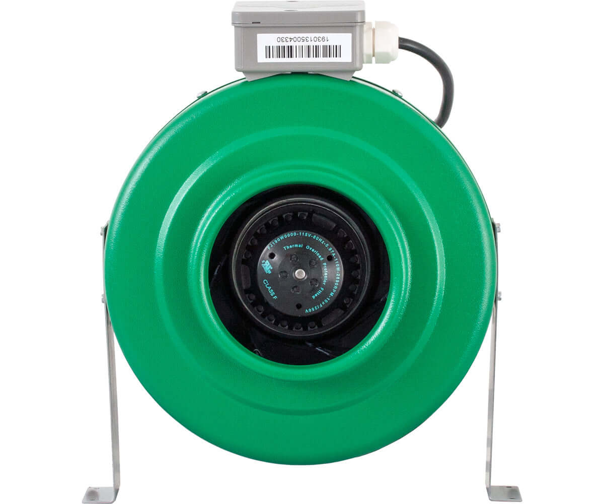 Active Air 6" inline duct fan in green housing, designed for high performance and durability with 400 CFM capacity.