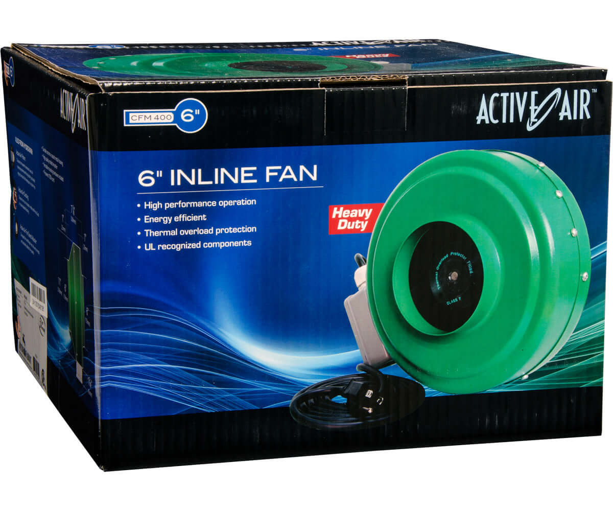 Active Air 6" Inline Duct Fan box showing high performance, energy-efficient design with UL-recognized components.