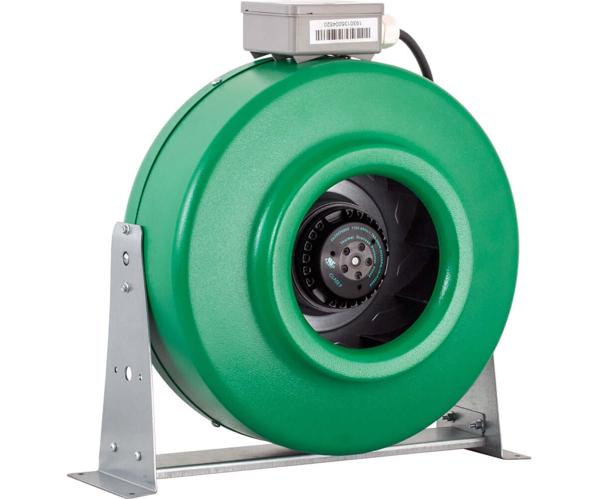 Active Air 8" inline duct fan with durable green metal housing and UL-recognized components for efficient airflow, 720 CFM capacity.