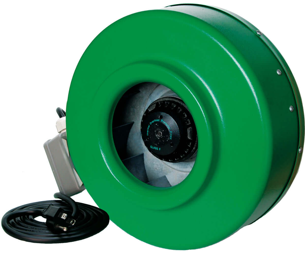 Active Air 8" inline duct fan with durable green metal housing and power cord. High performance at 720 CFM for optimal ventilation.