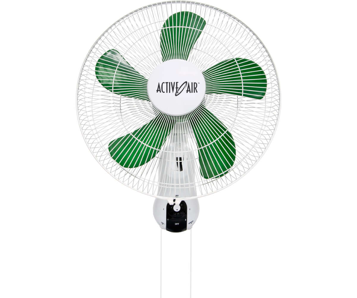 Active Air 16" wall mount fan with green blades, featuring three speed settings and 90-degree oscillation for optimal airflow.