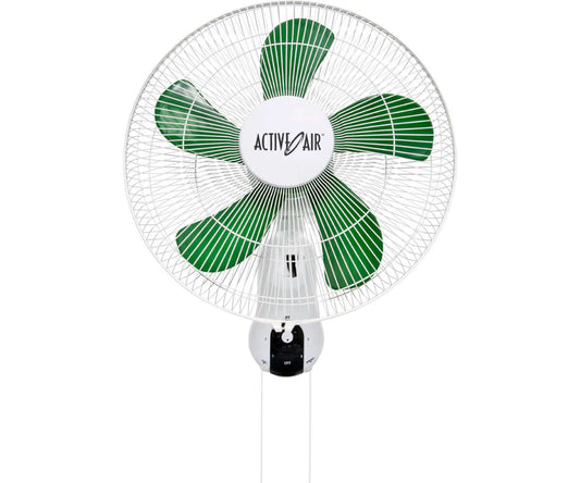 Active Air 16" wall mount fan with green blades, featuring three speed settings and 90-degree oscillation for optimal airflow.