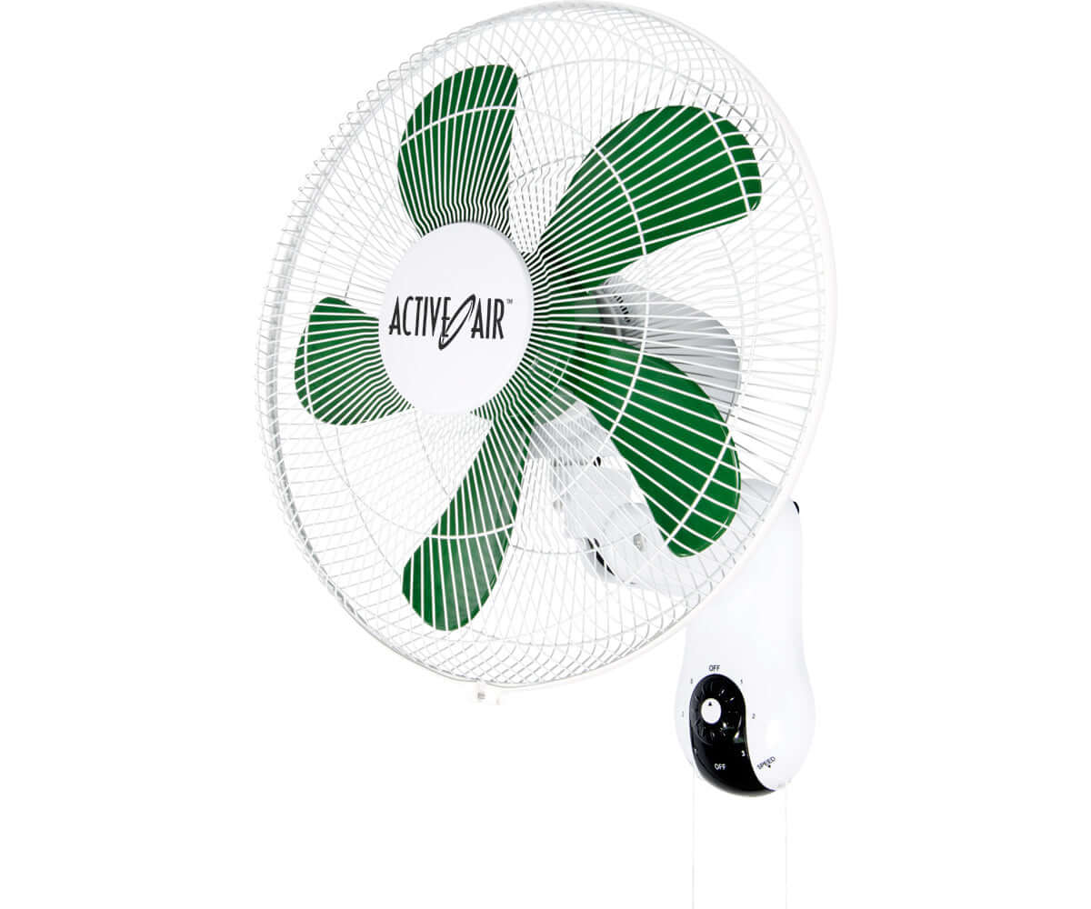 Active Air 16" wall mount fan with adjustable green blades, featuring quiet operation and 90-degree oscillation.