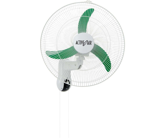 Active Air 18" oscillating wall mount fan with green blades, ideal for limited spaces and featuring 3 speed settings.