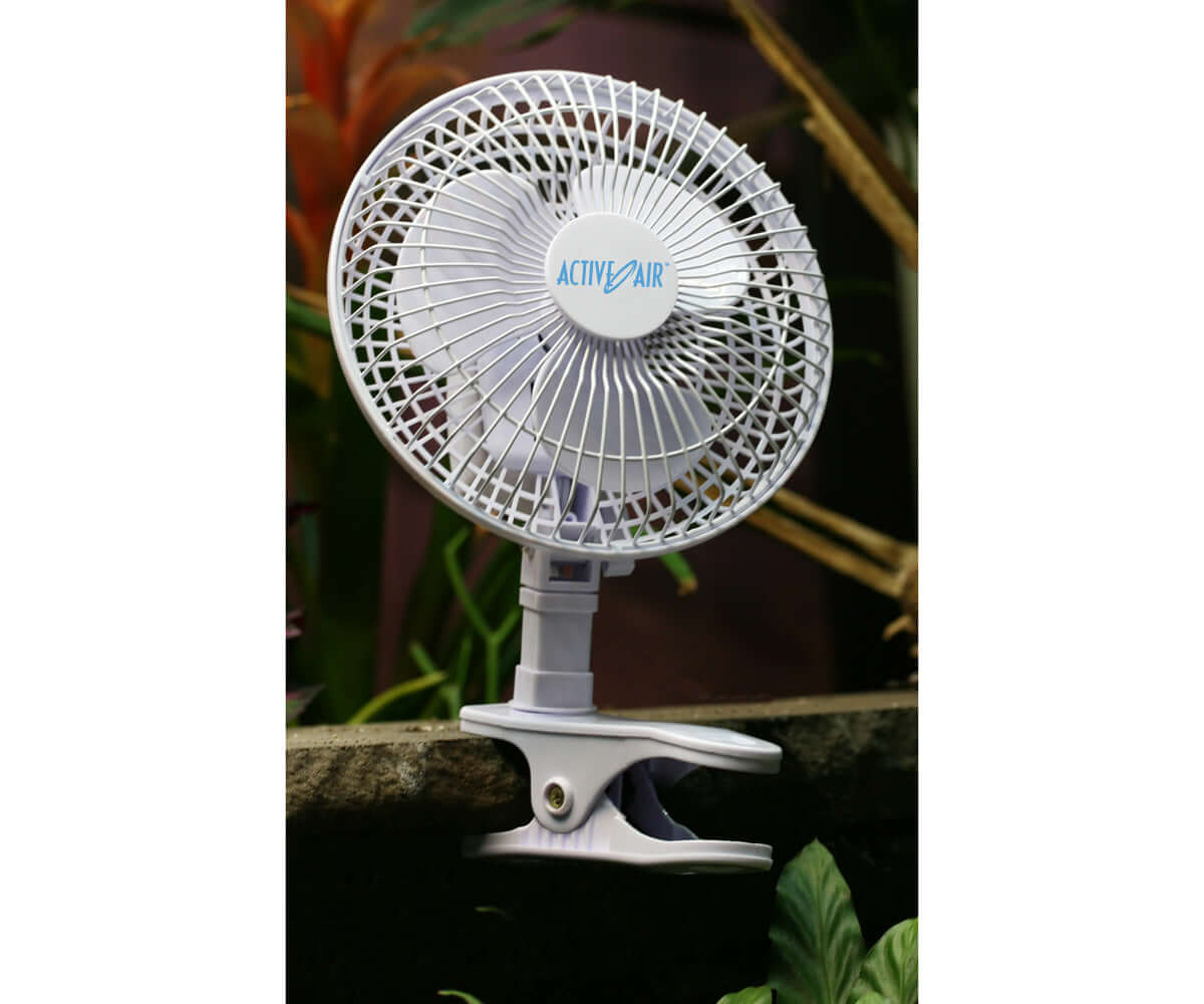 Active Air 6" clip fan with adjustable head, perfect for limited spaces like greenhouses and offices.