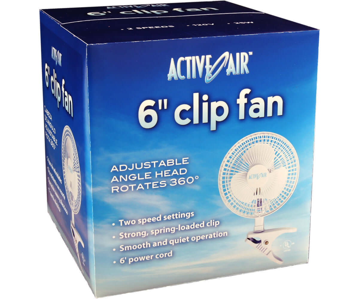 Active Air 6" clip fan box showcasing adjustable head, two speed settings, and spring-loaded clip for versatile cooling.