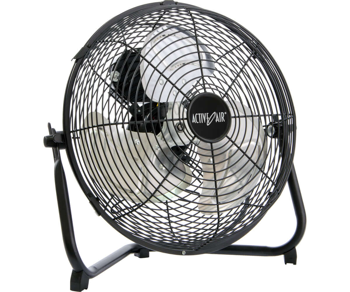 Active Air HD 12" floor fan with durable metal frame and 3-speed push button operation for optimal air circulation.