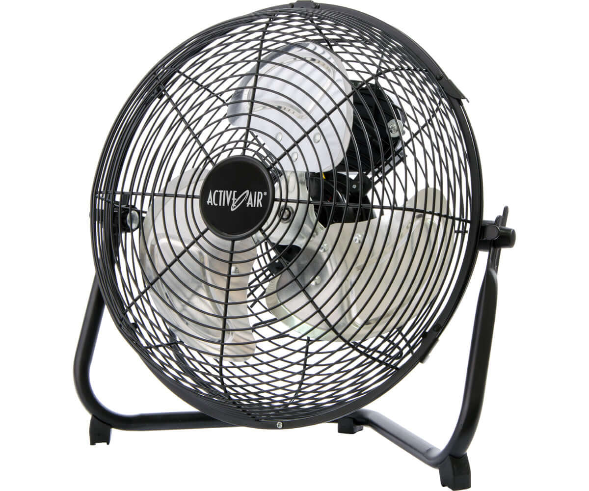 Active Air HD Floor Fan, 12" with 3-speed operation and pivoting functionality for efficient air circulation.