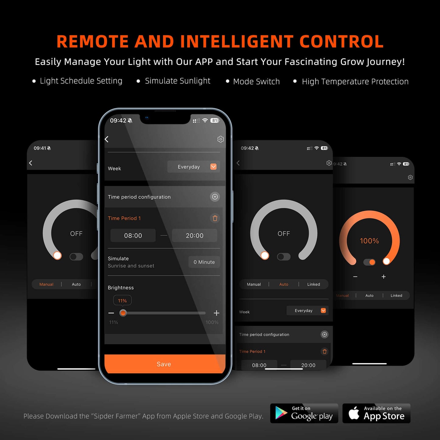 Screenshots of Spider Farmer app for remote control of LED grow lights with schedule and mode settings.