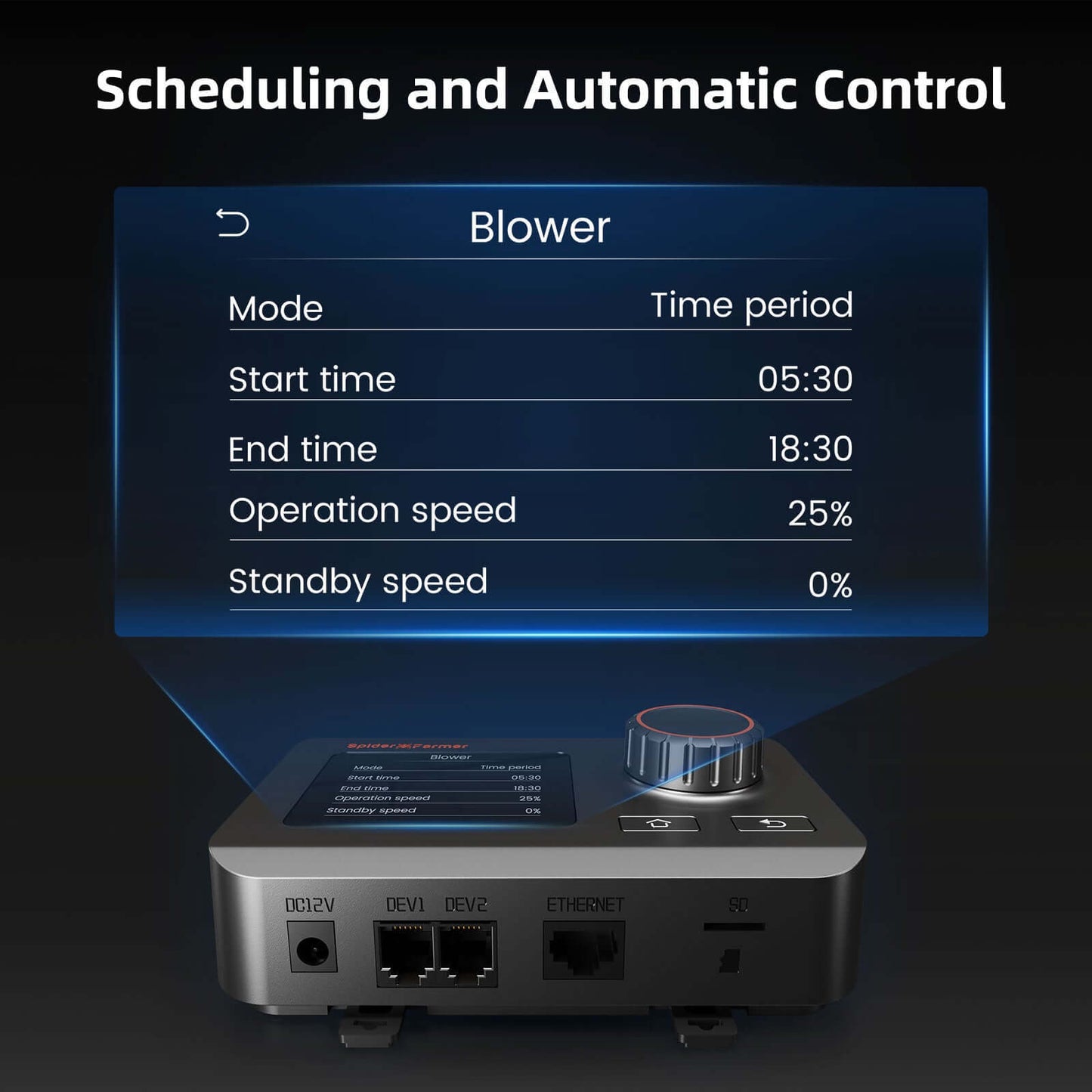 Inline fan controller displaying scheduling settings for blower operation and automation features.