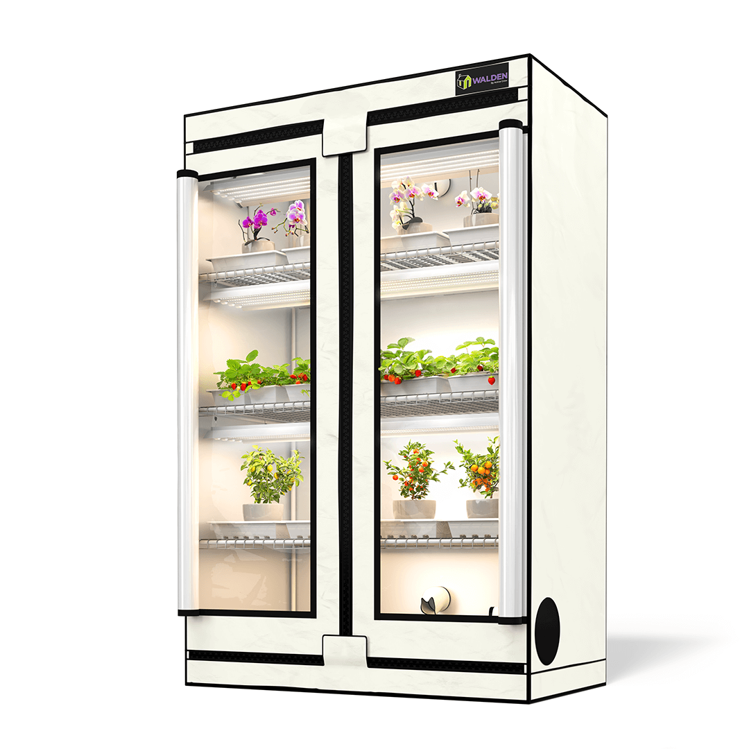 Active Grow 3-Tier Walden White LED Grow Tent Kit with adjustable shelves and plants illustration.