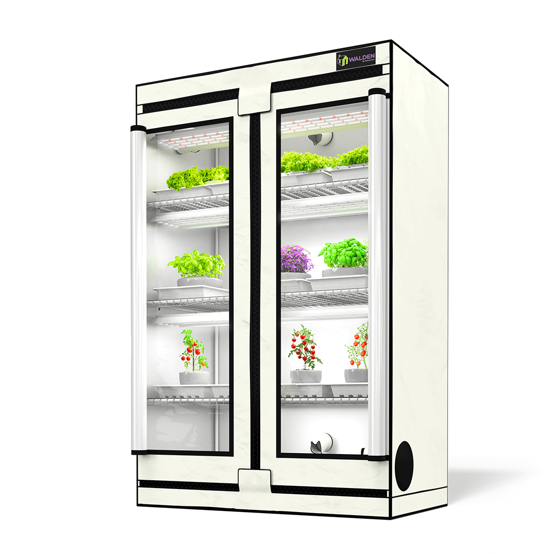 Active Grow Greens & Veggies 3-Tier Walden White LED Grow Tent Kit with adjustable shelves and vibrant plants.