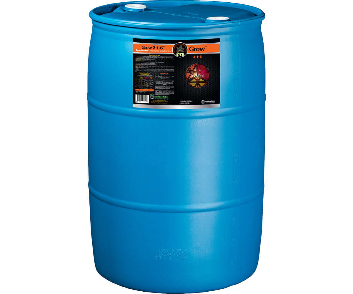 55-gallon blue barrel of CES Grow nutrient solution for vegetative plant growth and enhanced photosynthesis.