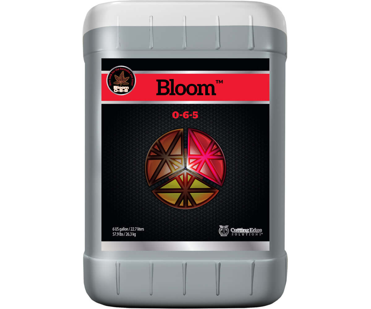 Cutting Edge Solutions Bloom 6 gal container with nutrient information and logo for enhanced flower production.