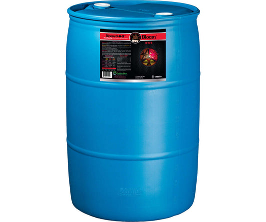 55-gallon blue barrel of Cutting Edge Solutions Bloom, a phosphorus-heavy formula for enhancing flower production.