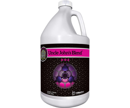 Uncle John's Blend 1 gallon container, intricate potassium formula for enhancing plant growth during blooming stage.