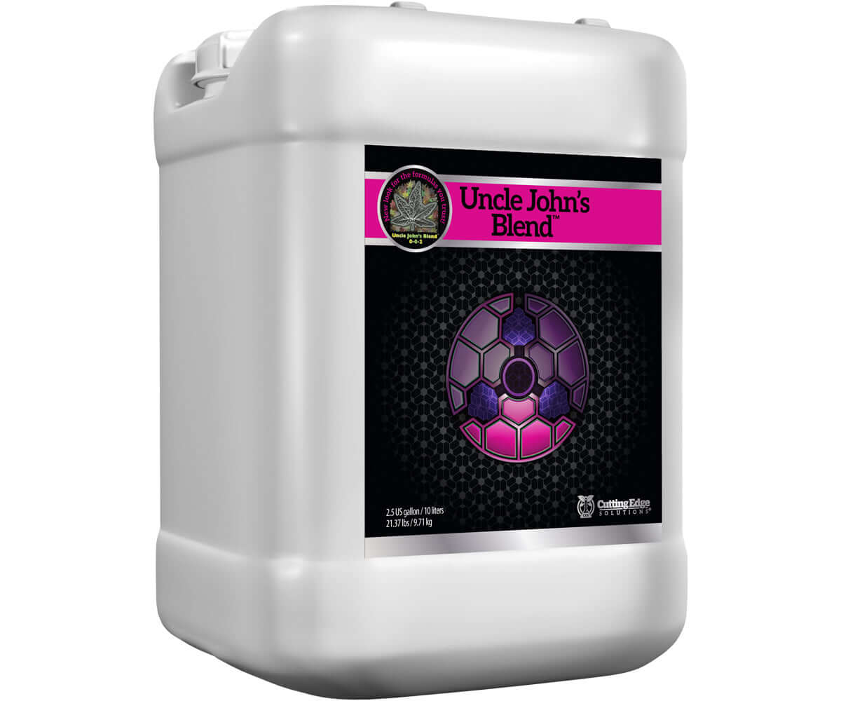 Uncle John's Blend 2.5 gal container, nutrient solution for flowering plants, enhances metabolic rate and ATP production.