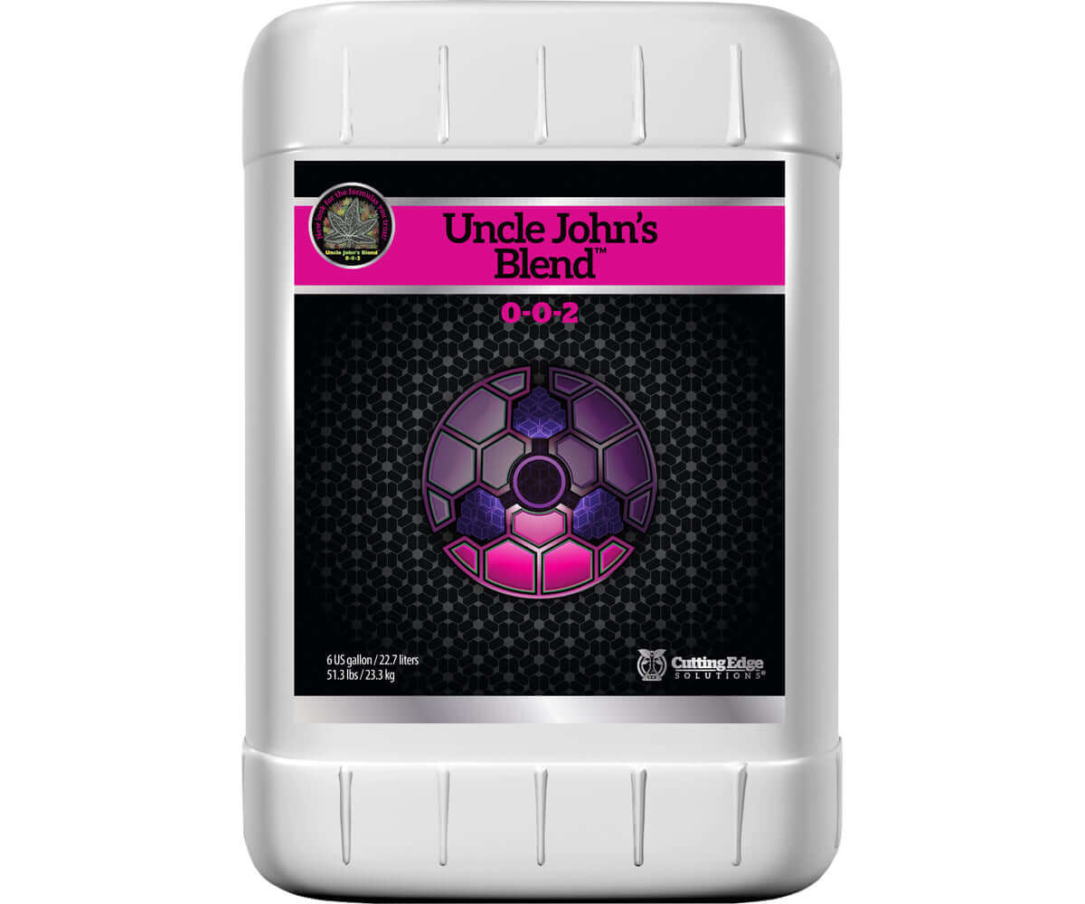 Uncle John's Blend 0-0-2 by Cutting Edge Solutions, 6 gal container for enhancing plant blooming and metabolism.