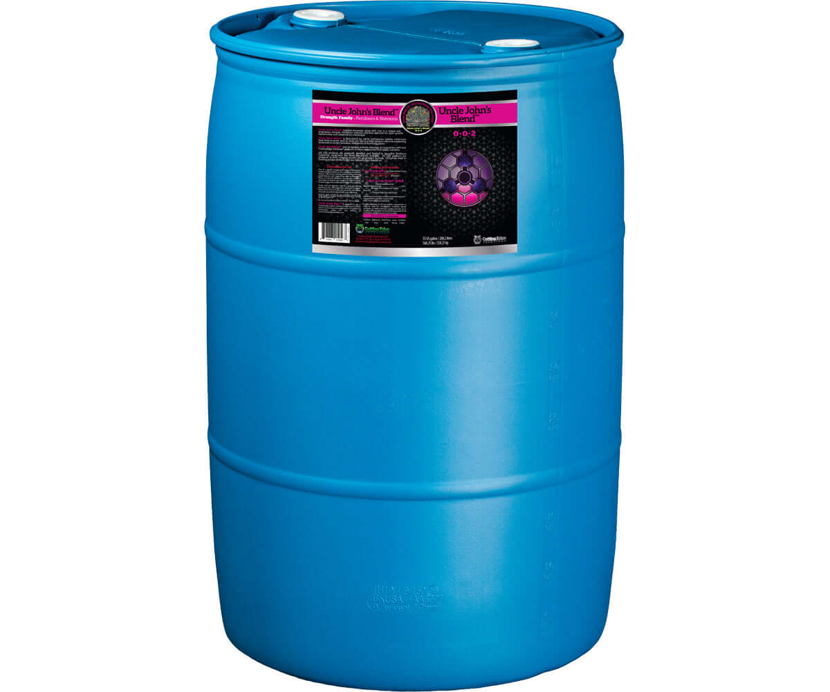 55-gallon blue barrel of Uncle John's Blend potassium mix for enhancing plant growth and bloom stage.