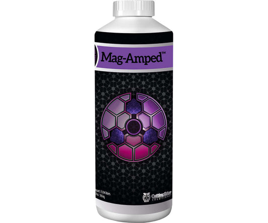 Mag-Amped magnesium solution bottle featuring a hexagonal design for optimal plant health and chlorophyll production.