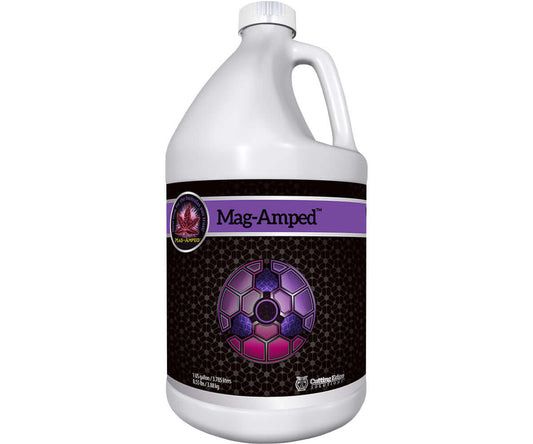 Gallon of Mag-Amped magnesium product for enhancing plant growth and photosynthesis efficiency.