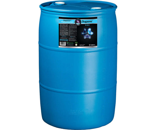 Blue 55-gallon barrel of Sugaree, an organic carbohydrate and electrolyte source for plant health.