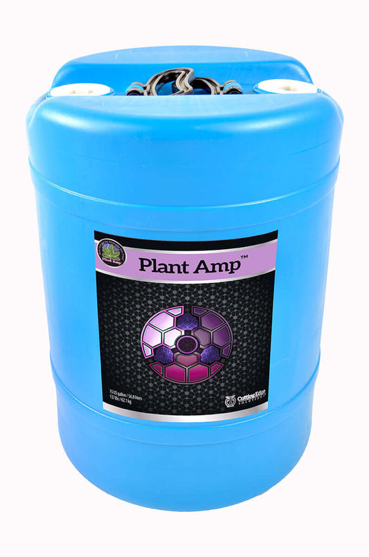 Blue 15-gallon container of Plant Amp chelated calcium supplement for plants, featuring organic growth-stimulating ingredients.