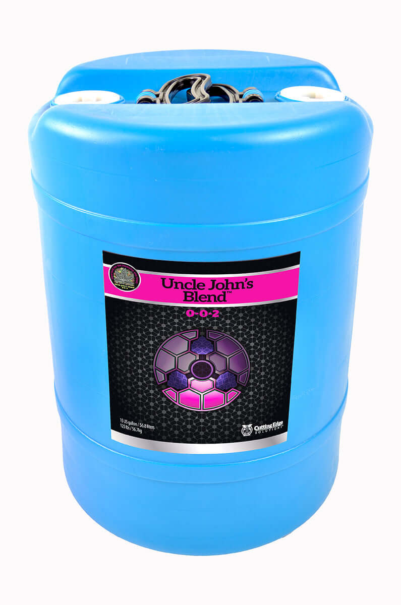 Blue drum of Uncle John's Blend potassium fertilizer, 15 gallons, designed for enhancing flowering plant growth.