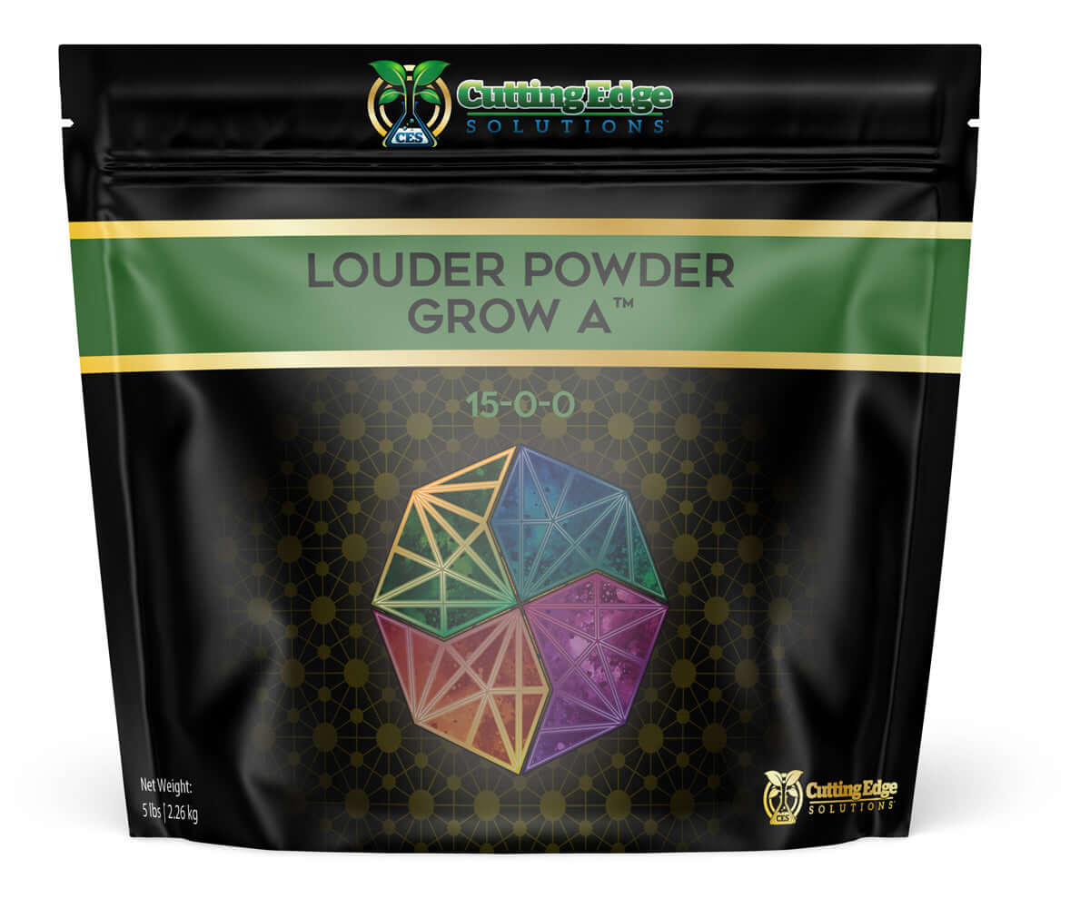 Cutting Edge Solutions Louder Powder Grow A 5 lb bag with nutrient blend for vegetative plants, 15-0-0 formulation.