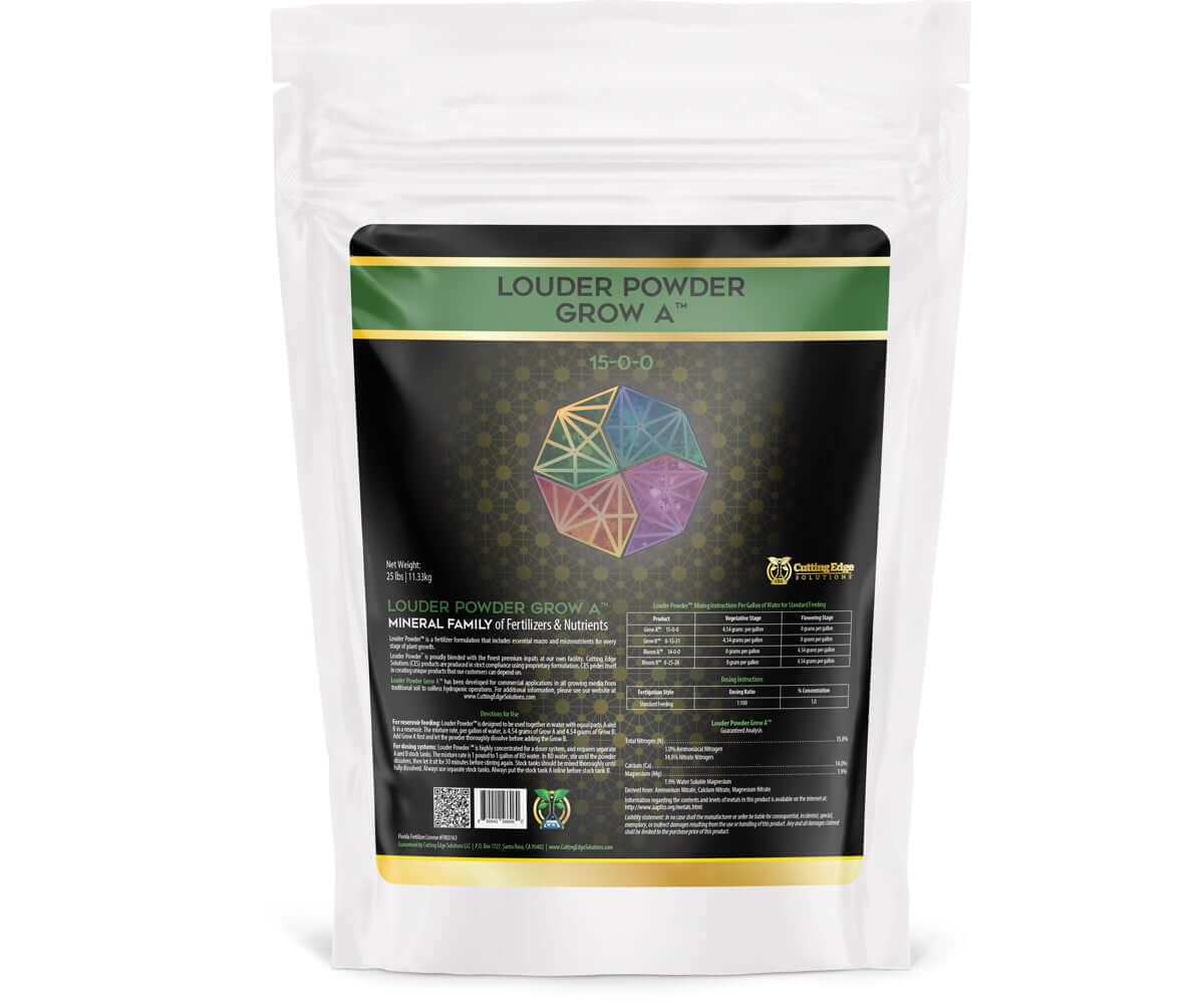 Cutting Edge Solutions Louder Powder Grow A 25 lb bag, granular nutrient blend for vegetative stage with calcium, magnesium, nitrogen.