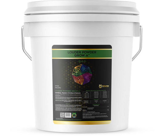 Cutting Edge Solutions Louder Powder Grow A 50 lb bucket featuring nutrient blend for vegetative stage support.