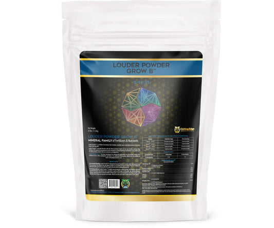 Cutting Edge Solutions Louder Powder Grow B (8-13-31) 25 lb bag featuring detailed nutrient information on the back.