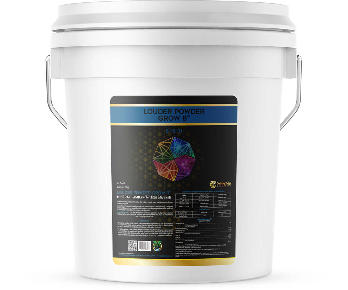 Cutting Edge Solutions Louder Powder Grow B 50 lb bucket, nutrient-rich formula for boosting plant vitality and growth.